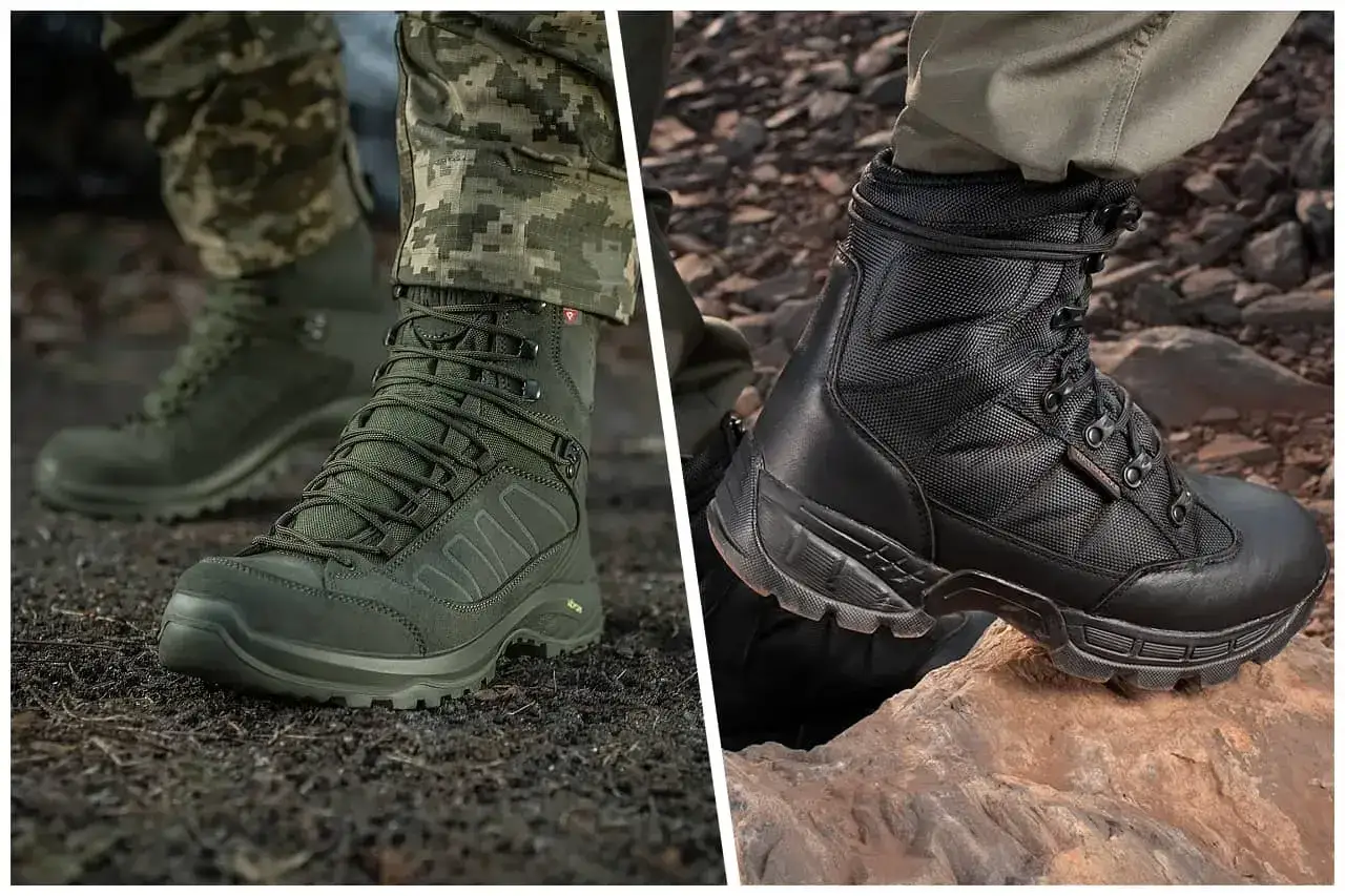 Dwa rodzaje butów taktycznych: zielone, sznurowane, na leśnym podłożu i czarne, na kamienistym terenie. Idealne, jakie buty w góry.