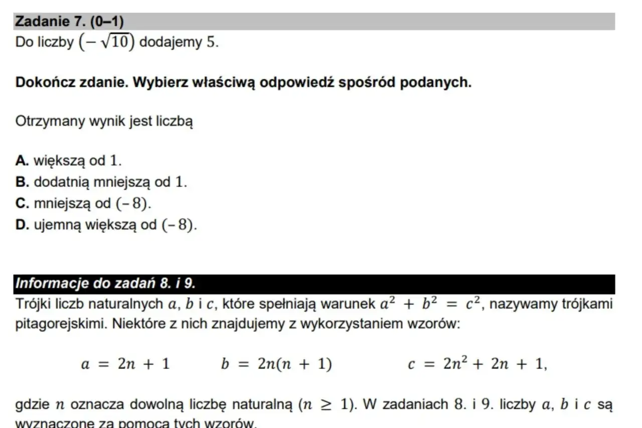 Fragment zadania z matematyki z pytaniem o liczbę i wzorami na trójki pitagorejskie.