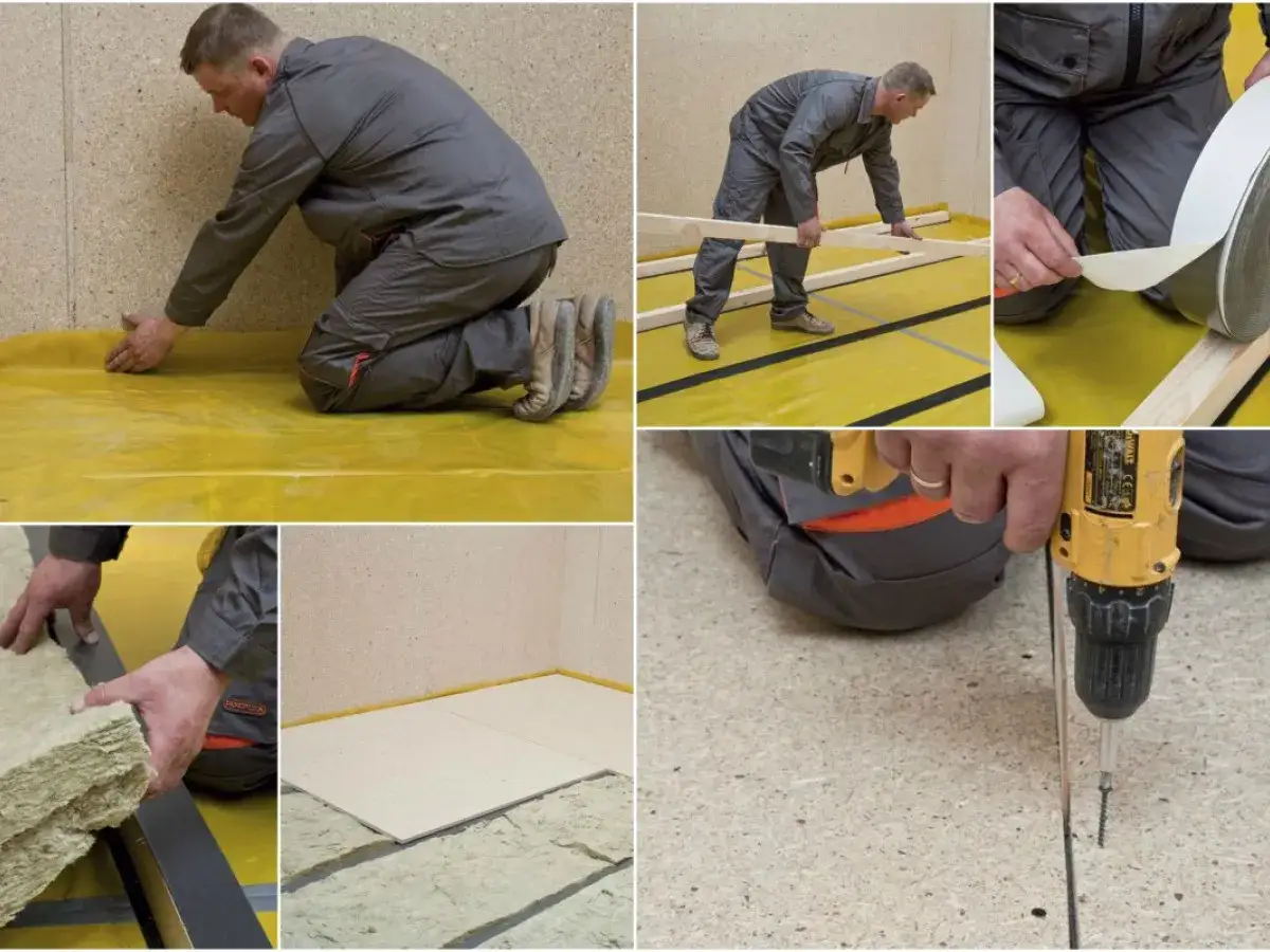 Montaż legarów podłogowych: układanie folii, drewna, izolacji i skręcanie.