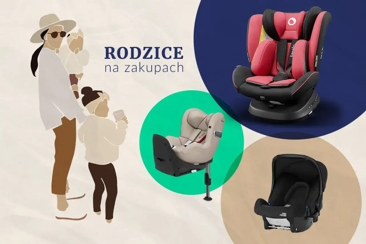 Rodzice na zakupach wybierają bezpieczny fotel dla dziecka. Różne modele fotelików samochodowych.