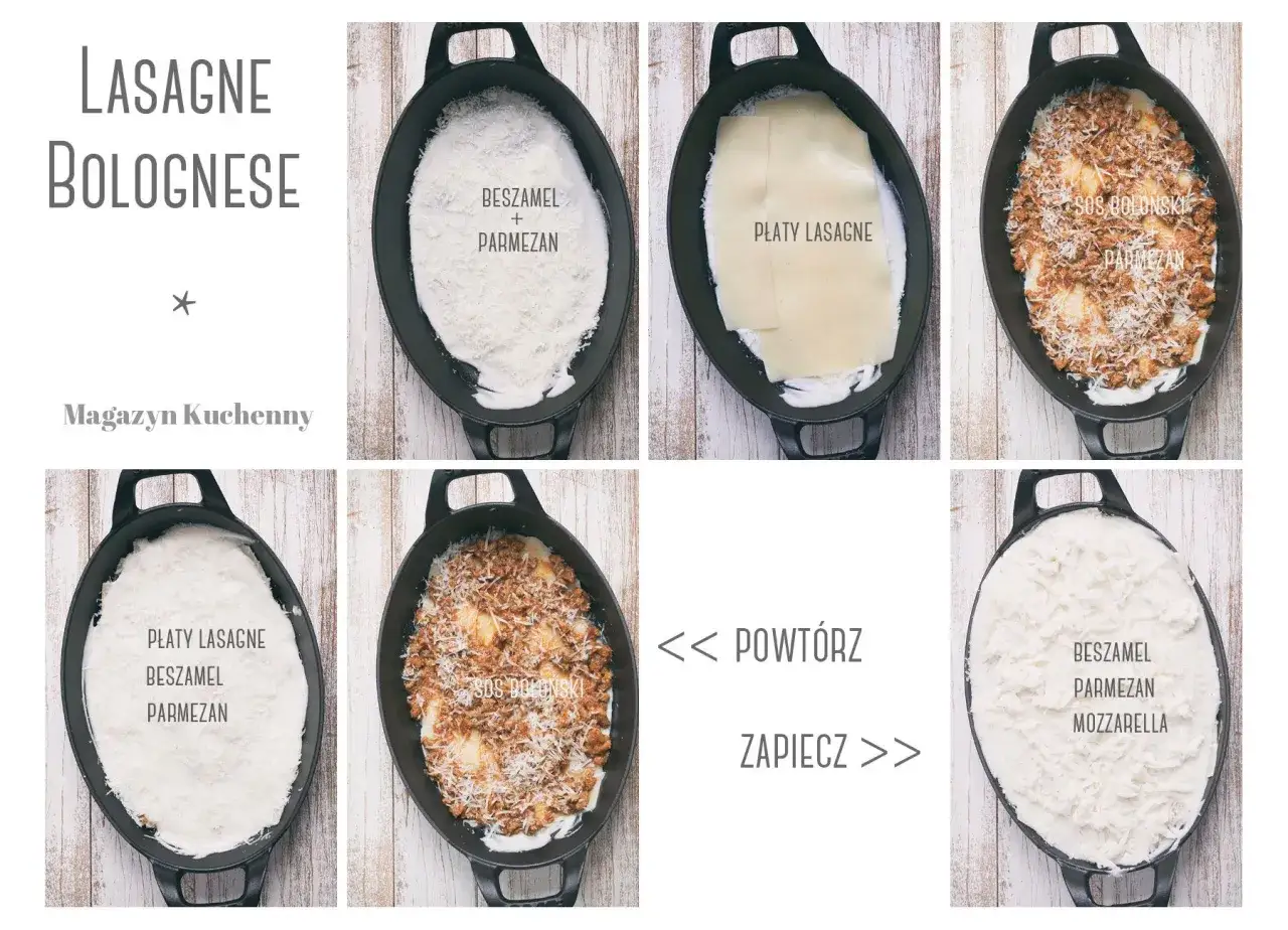 Przepis na lasagne bolognese: warstwy beszamelu, parmezanu, płatów lasagne i sosu bolońskiego, powtórz i zapiecz.