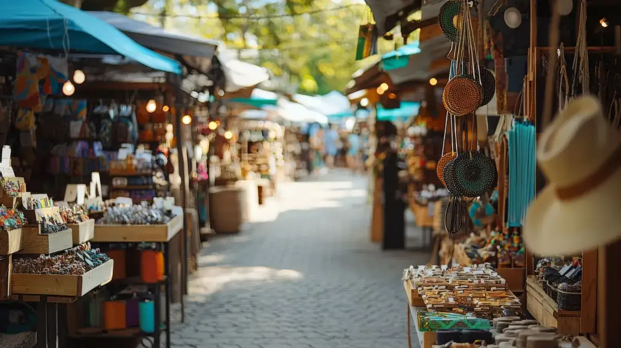 Targ w Budapeszcie, gdzie kupić pamiątki: kolorowe stoiska z torebkami, biżuterią i kapeluszami.