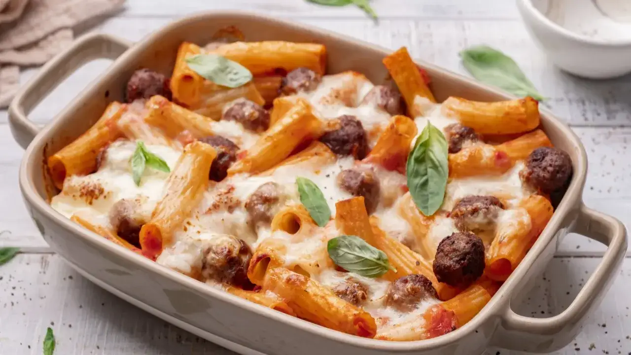 Pyszna zapiekanka makaronowa z klopsikami i ciągnącym serem, udekorowana listkami bazylii.