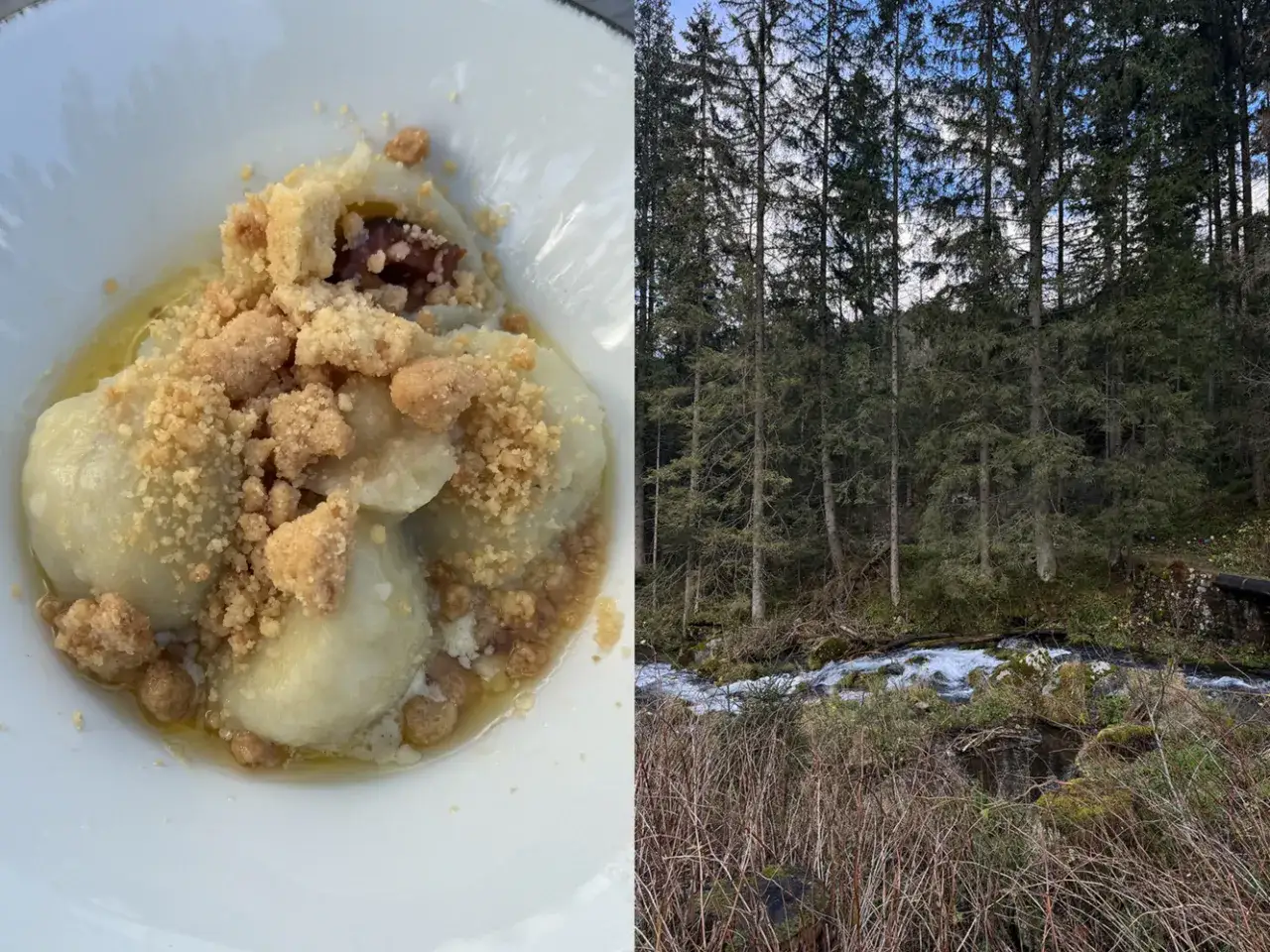 Pyszne pierogi z owocami i kruszonką, serwowane w bacówce Biały Potok, obok szumiącego górskiego potoku.