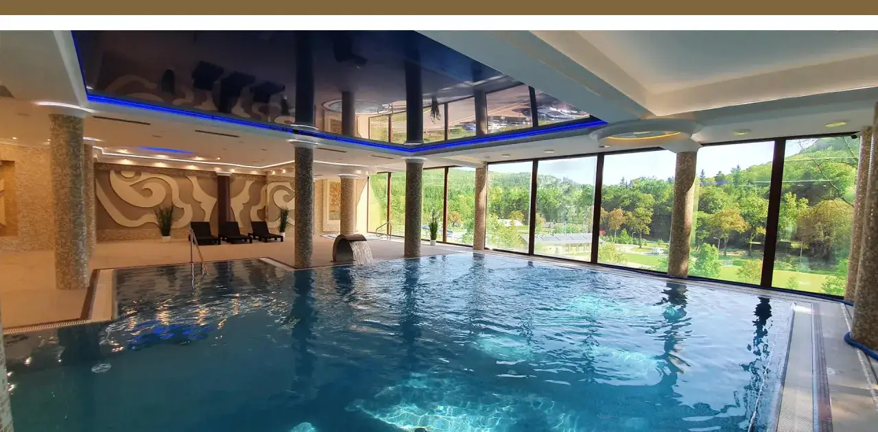 Basen w Rymanów Zdrój sanatorium prywatnie. Relaks przy wodospadzie i widok na zieleń.