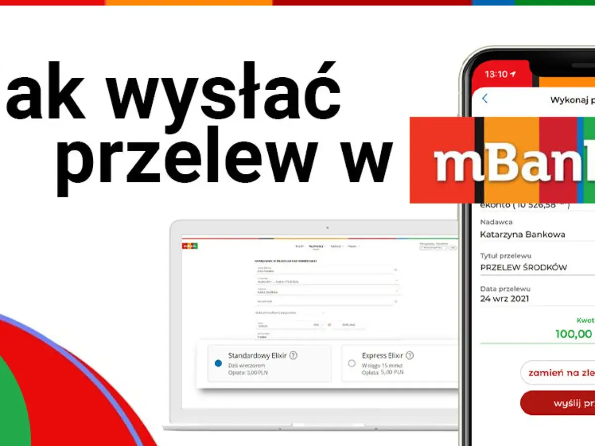 Ekran telefonu i laptopa z interfejsem mBank, pokazujący opcje przelewu.