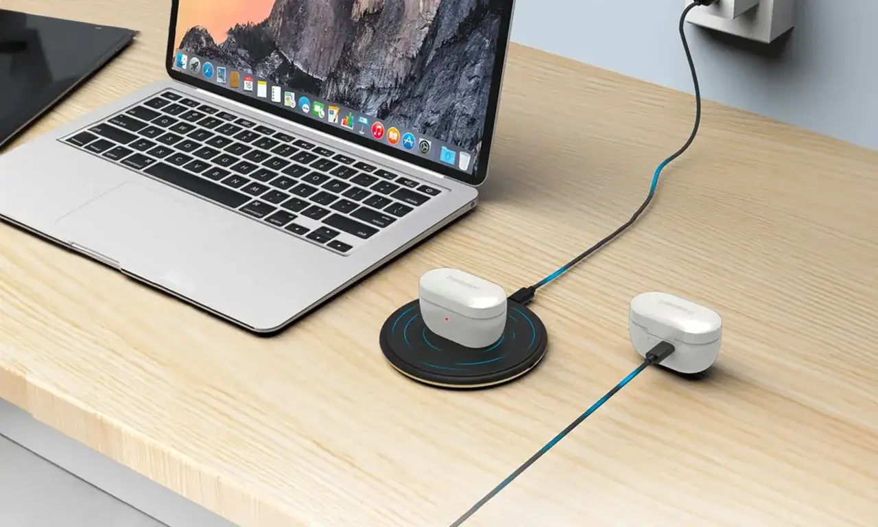 Dwie białe ładowarki do słuchawek bezprzewodowych, jedna na okrągłej podkładce, druga podłączona kablem. Obok laptop.