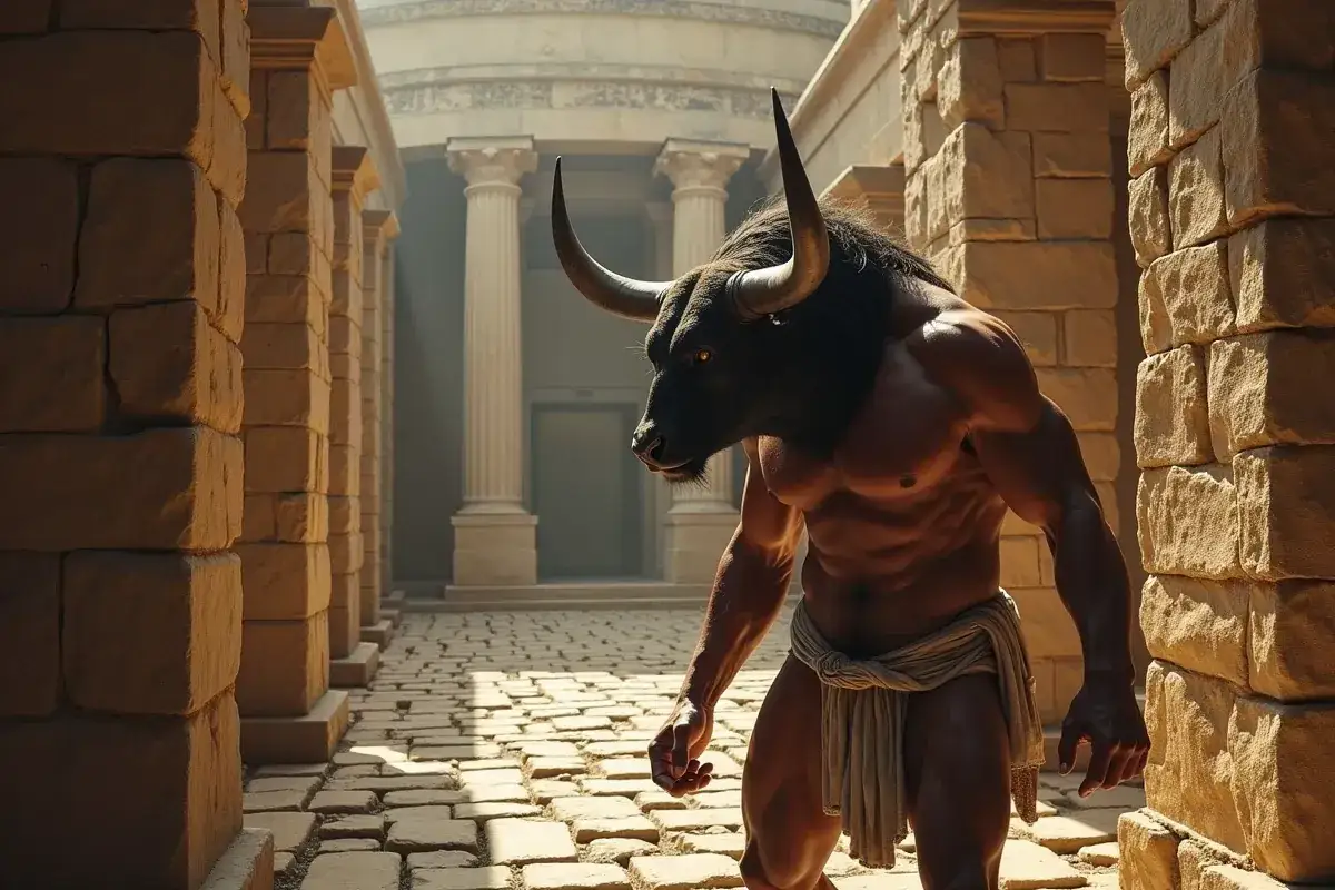 Potężny Minotaur, postać z mitu o minotaurze, kroczy przez kamienne korytarze labiryntu.