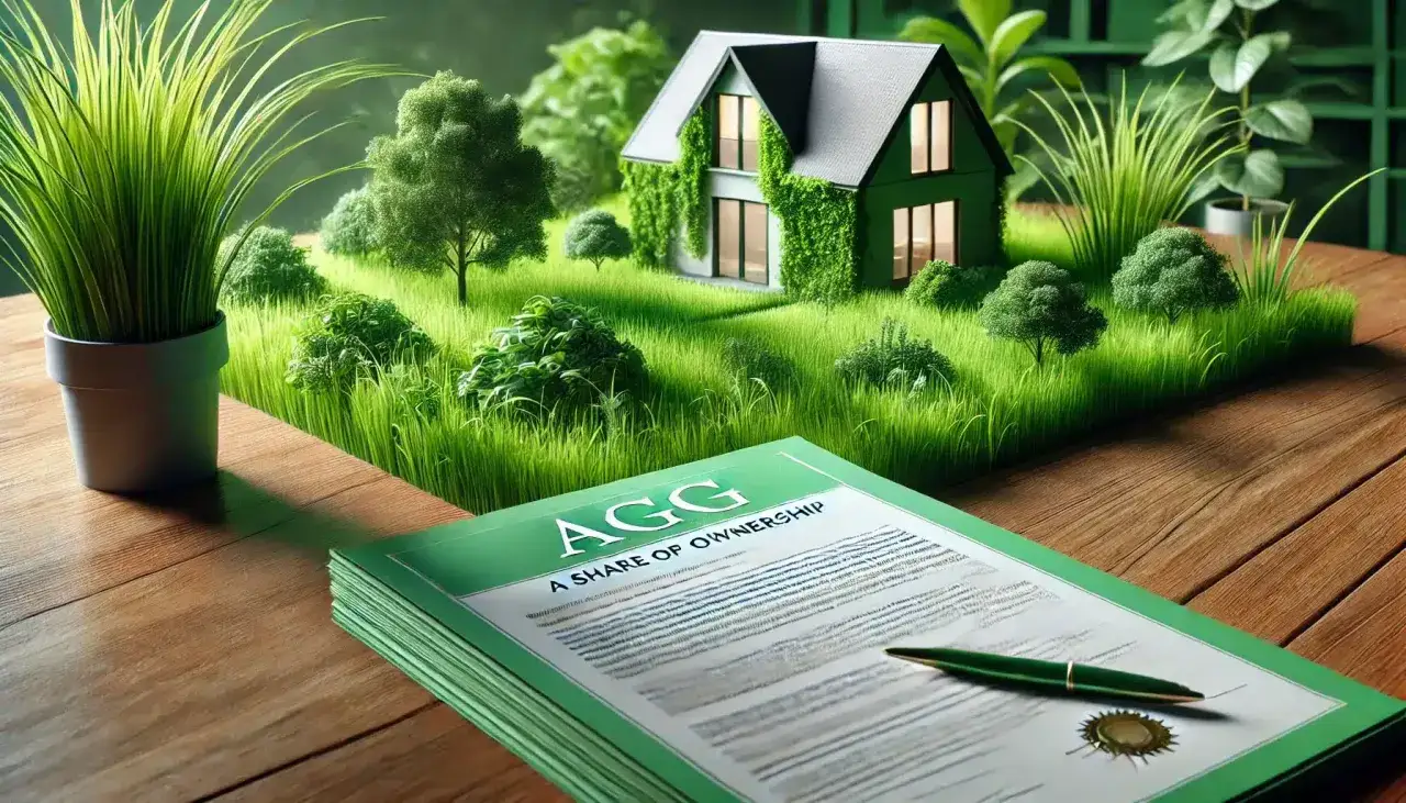 Zielony dom na trawiastym wzgórzu, dokument "A SHARE OF OWNERSHIP" i długopis.