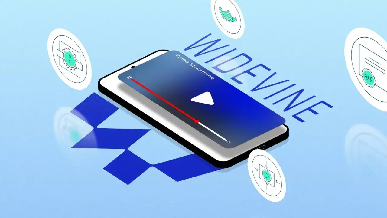 Smartfon z napisem WIDEVINE i ikonami symbolizującymi bezpieczeństwo. Widevine content decryption module to klucz do bezpiecznego streamingu.