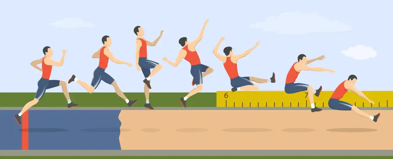 Sekwencja ruchów sportowca podczas skoku w dal. Od rozbiegu, przez wybicie, lot, aż po lądowanie w piaskownicy.