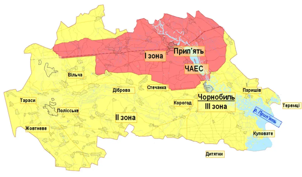 Mapa pokazująca strefy wokół Czarnobyla. Widać tu Prypeć, Czarnobylską Elektrownię Atomową i rzekę Prypeć.