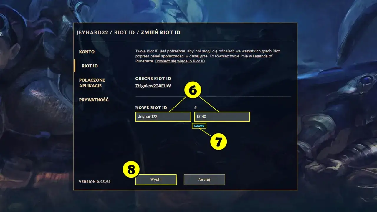 Interfejs zmiany Riot ID w grze, z polami na nowe ID i numer.