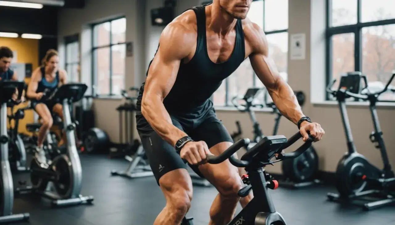 Intensywny trening cardio na rowerze stacjonarnym w siłowni. Mężczyzna z wyrzeźbionymi mięśniami pedałuje z determinacją.