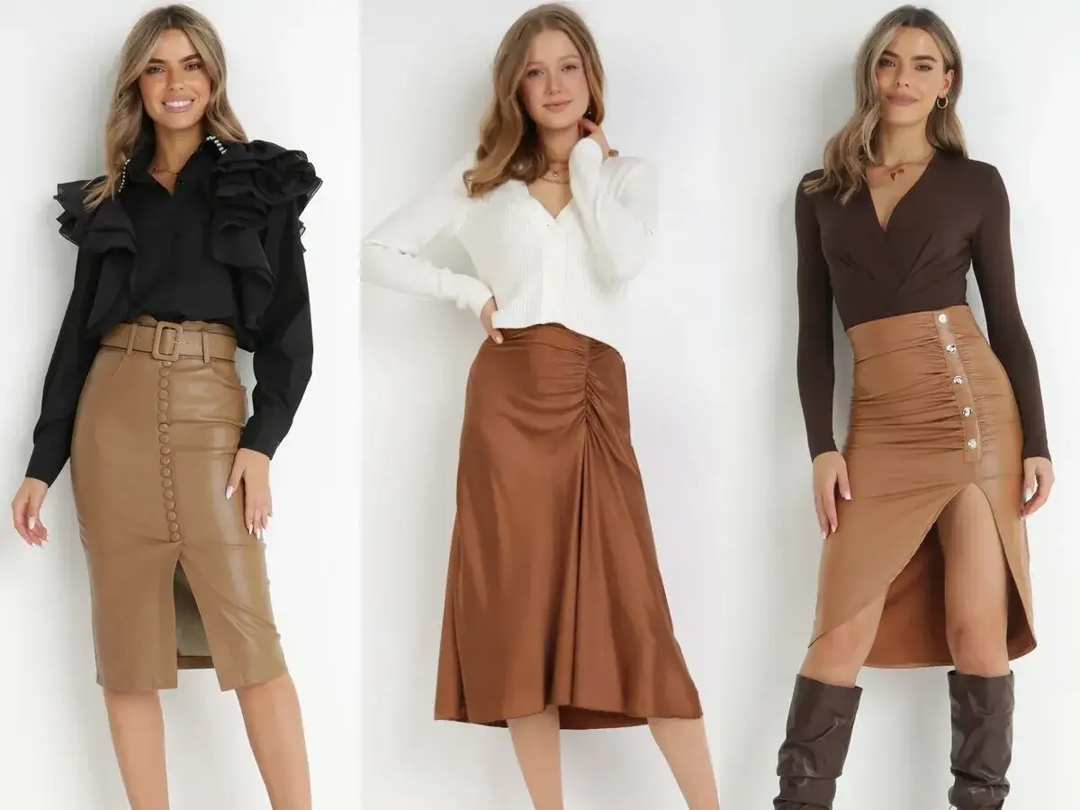 Trzy stylizacje z brązową spódnicą: czarna koszula z falbanami, biały sweterek i brązowy top.