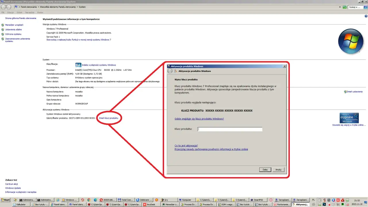Okno aktywacji produktu Windows 7 z polem do wpisania klucza produktu.