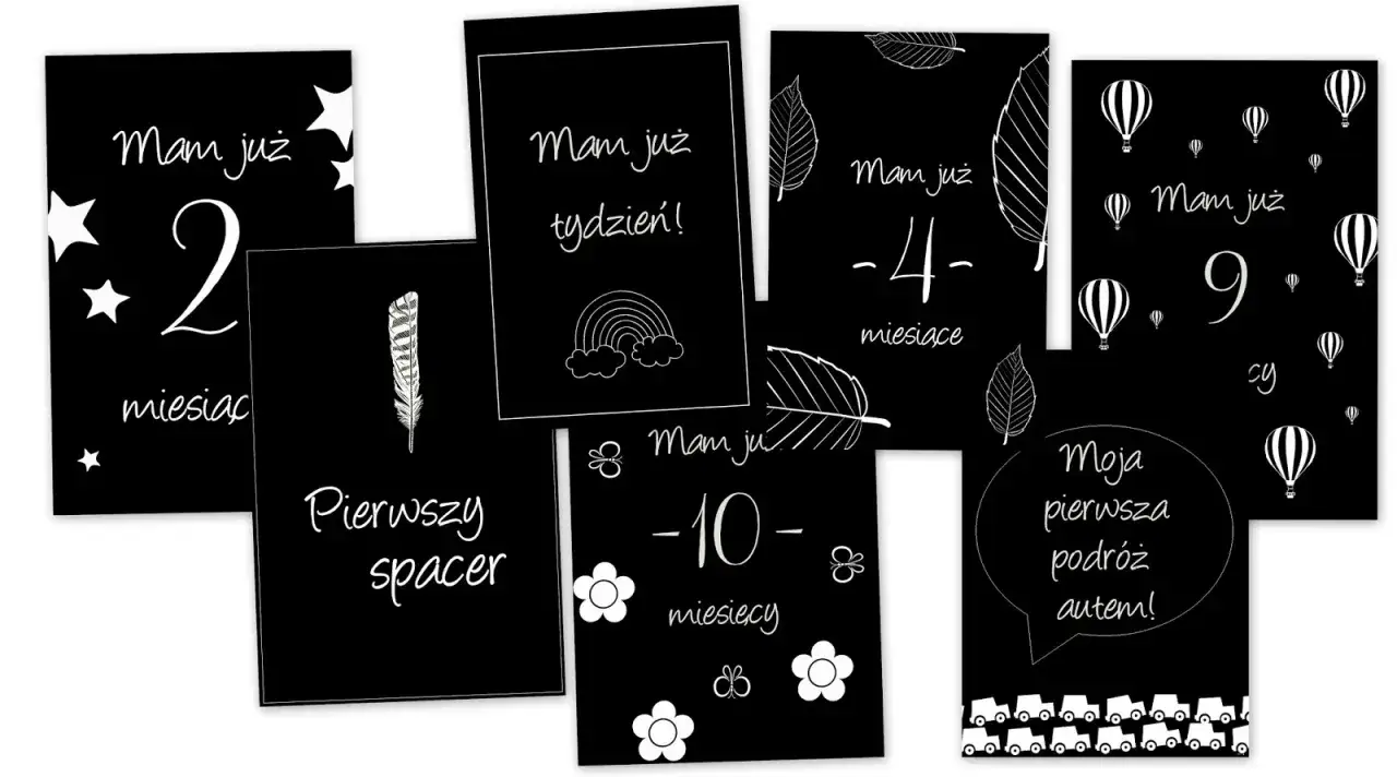 Karty do zdjęć pierwszy rok życia dziecka: "Mam już 2 miesiące", "Mam już tydzień!", "Mam już 4 miesiące", "Mam już 9 miesięcy", "Pierwszy spacer", "Mam już 10 miesięcy", "Moja pierwsza podróż autem!".