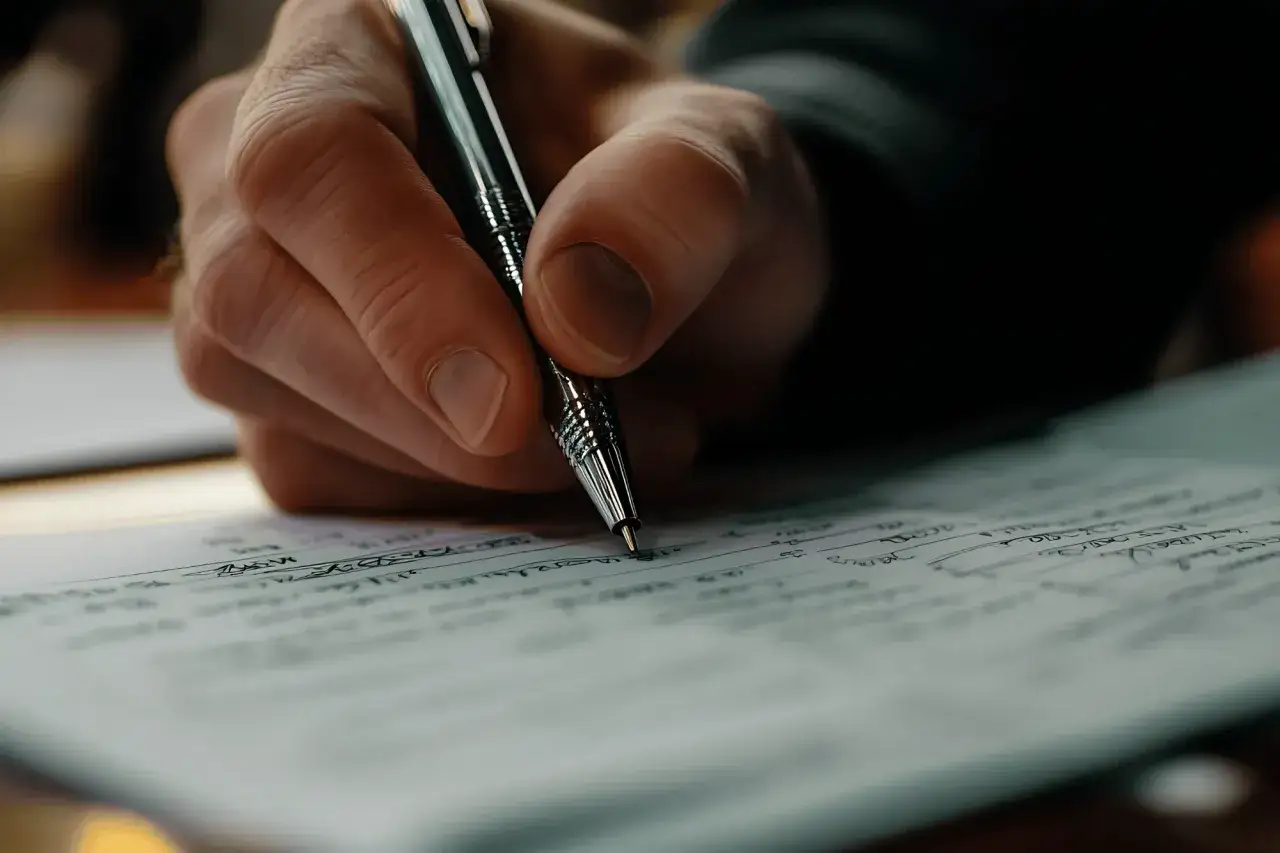 Dłoń pisze długopisem na kartce, tworząc tekst. To inspiracja, jak pisać teksty piosenek, rodzące się z myśli.