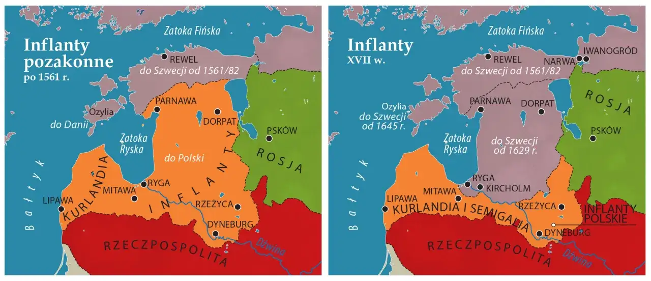 Mapy pokazują, gdzie leżą Inflanty: po 1561 r. i w XVII w. Widoczne są podziały terytorialne między Szwecją, Polską i Rosją.
