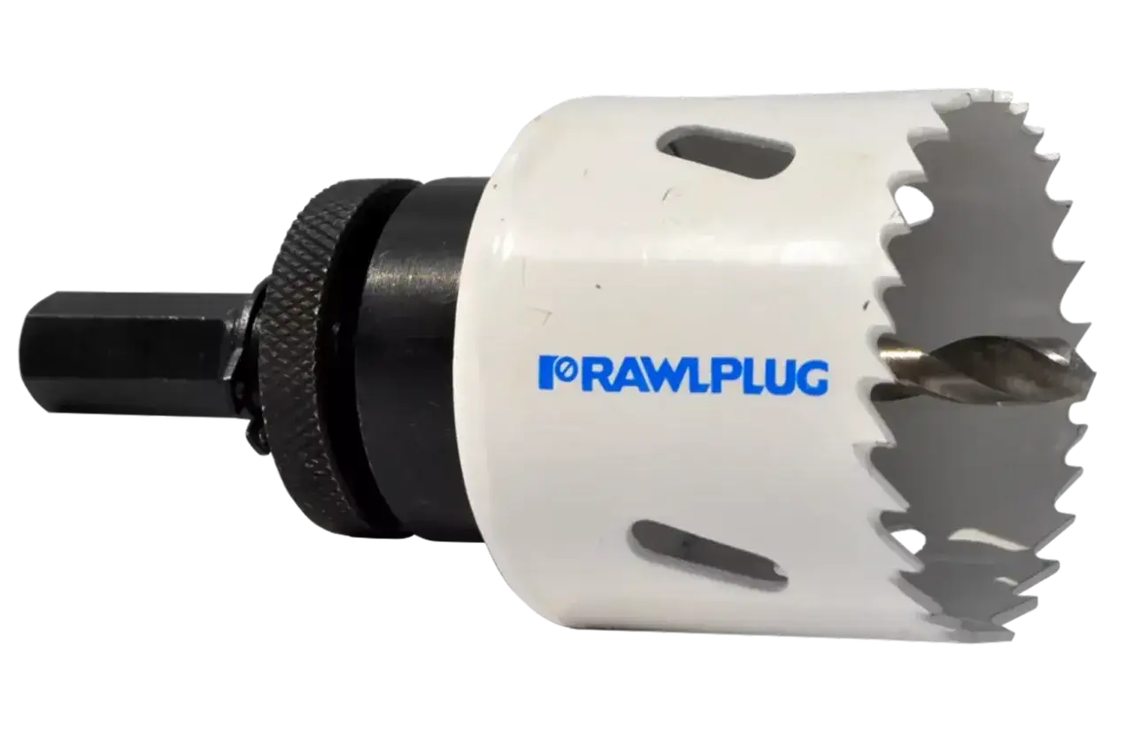 Otwornica do puszek GK z logo Rawlplug, gotowa do wiercenia precyzyjnych otworów.