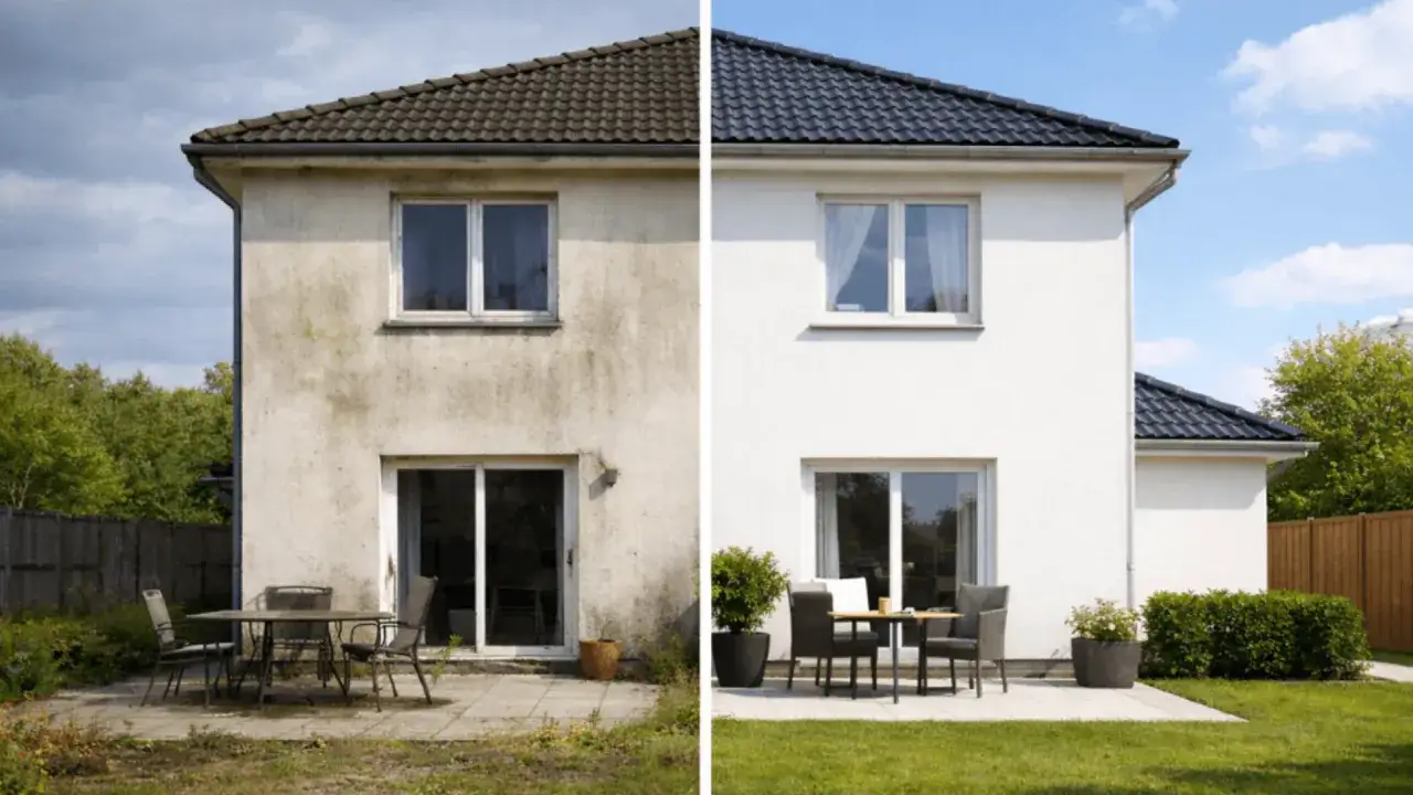 Dom z brudną i odnowioną elewacją, porównanie przed i po.