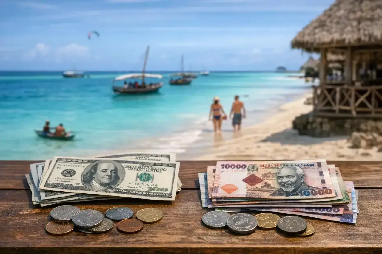 Dolar i szylingi tanzańskie na stole, w tle rajska plaża z łodziami i parą spacerującą po wodzie. Waluta na Zanzibarze.