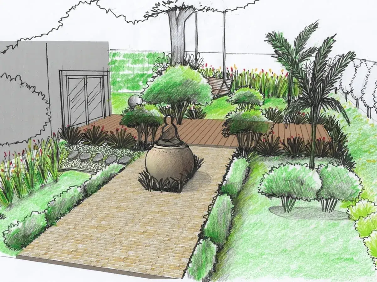 Wizualizacja ogrodu z kamienną ścieżką, drewnianym tarasem i egzotyczną roślinnością. To świetny pomysł na ogrodzenie ogródka, tworzący oazę spokoju.