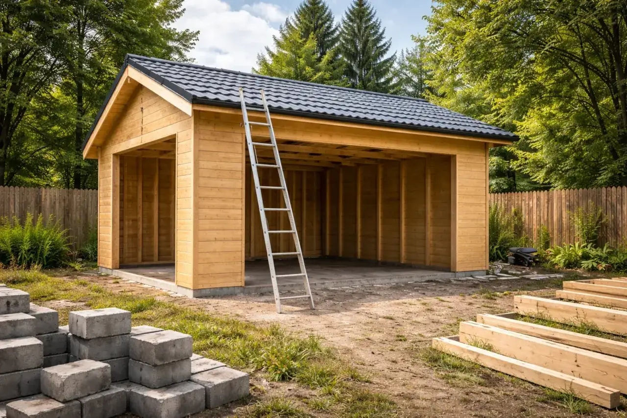 Darmowy projekt garażu drewnianego w budowie. Metalowa drabina oparta o konstrukcję, stosy betonu i drewna w pobliżu.