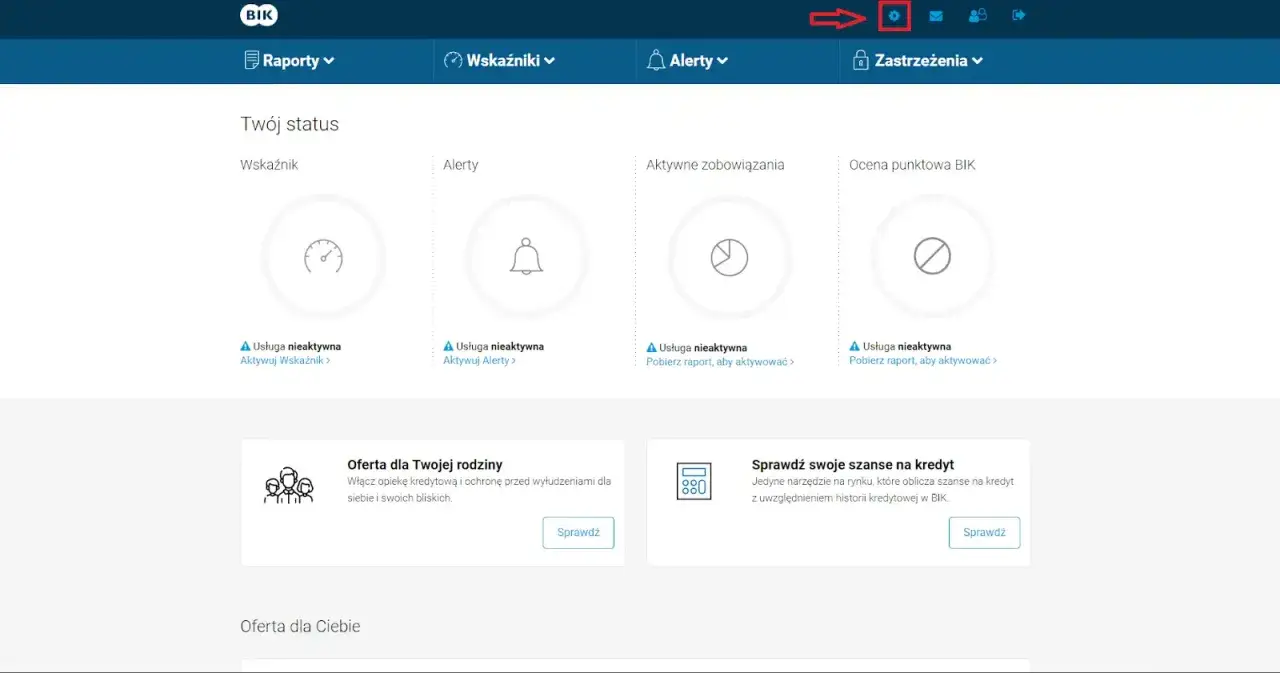 Panel BIK: status Twoich usług, jak sprawdzić scoring i oferty. Ikona ustawień.