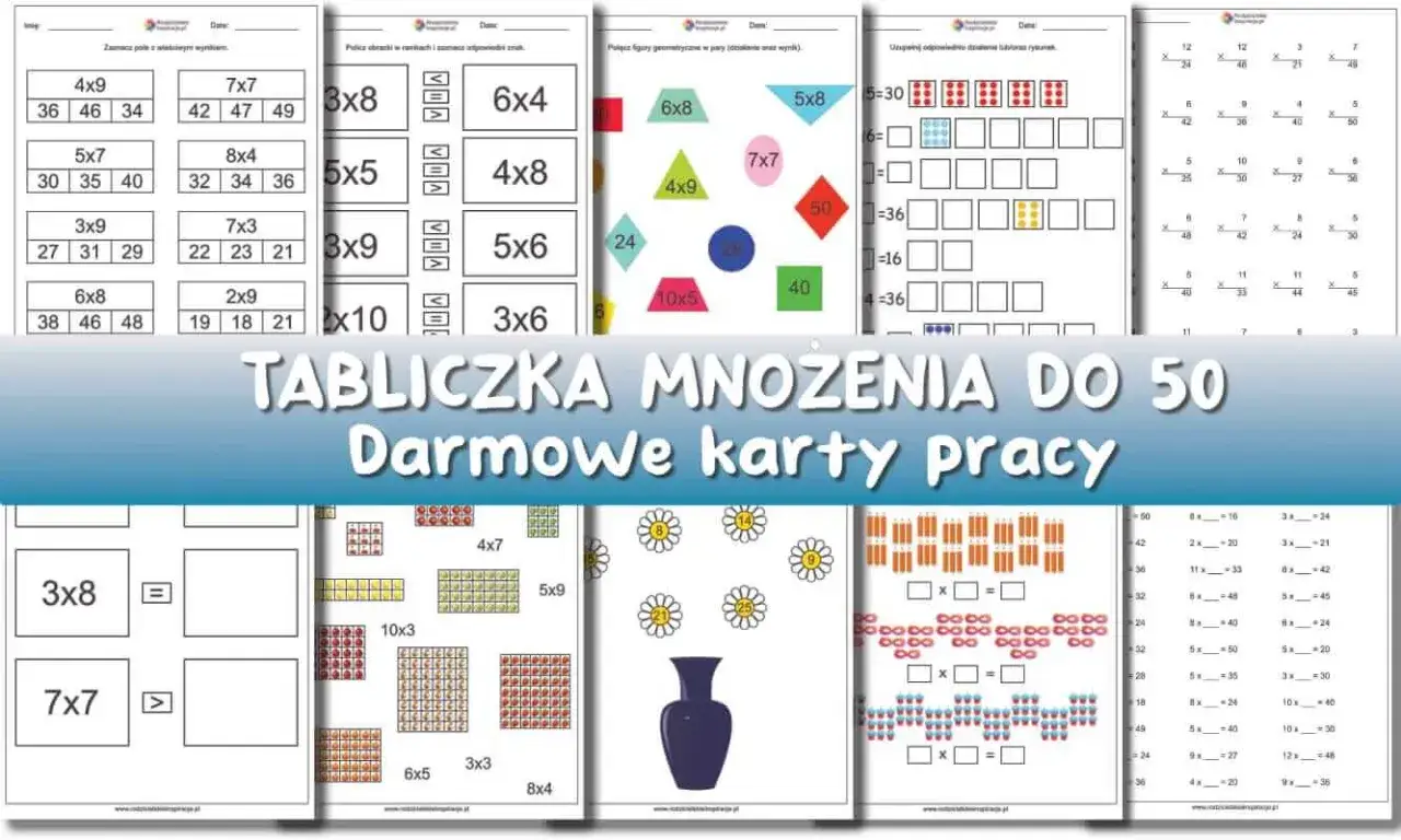 Karty pracy z tabliczką mnożenia do 40, zawierające przykłady i ćwiczenia z mnożenia.