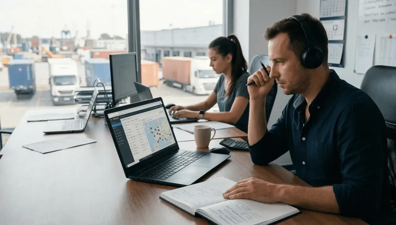 Dwóch spedytorów pracuje przy biurku z laptopami, w tle port z ciężarówkami.