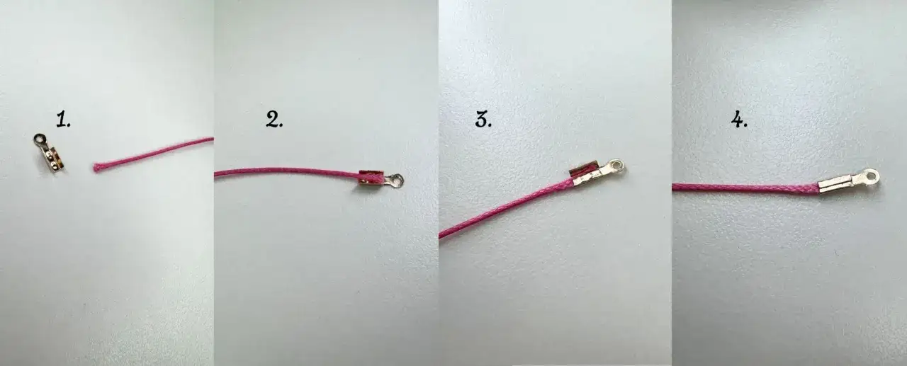 Cztery etapy mocowania metalowego zapięcia do różowego sznurka.