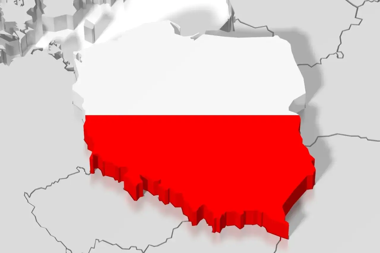 Mapa Polski z flagą narodową. Polska ma najdłuższą granicę z Niemcami, Czechami i Słowacją.