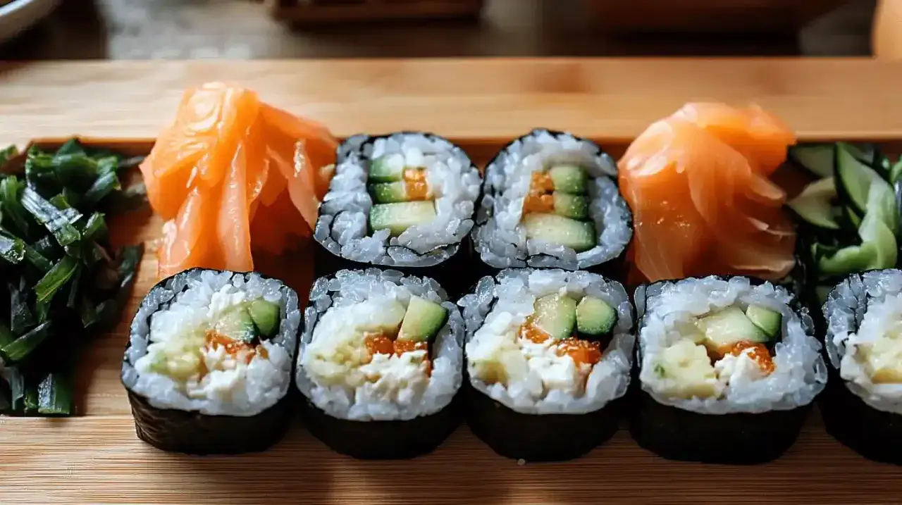 Gotowy sushi przepis na talerzu: rolki z ryżem, ogórkiem i łososiem, podane z marynowanym imbirem i zielonymi dodatkami.