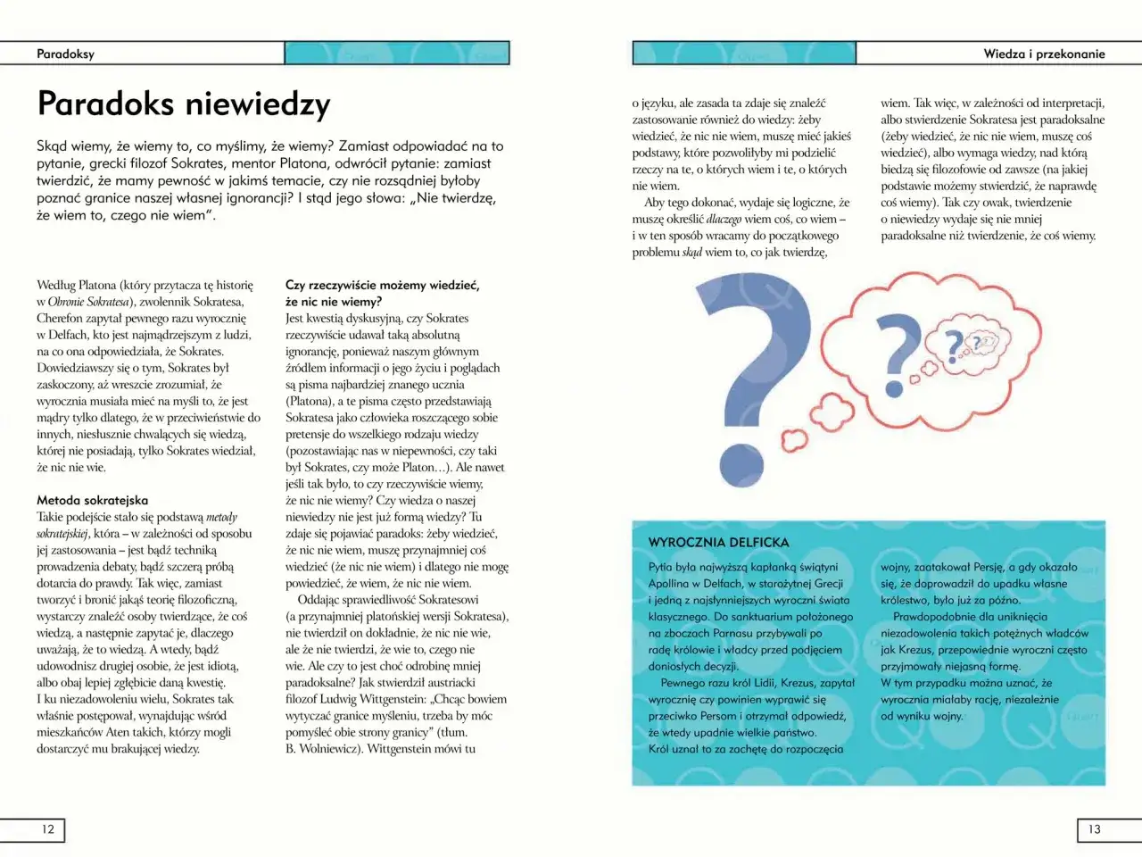 Dwa znaki zapytania w chmurkach myśli, jeden duży, niebieski, drugi mniejszy, czerwony, na tle tekstu.