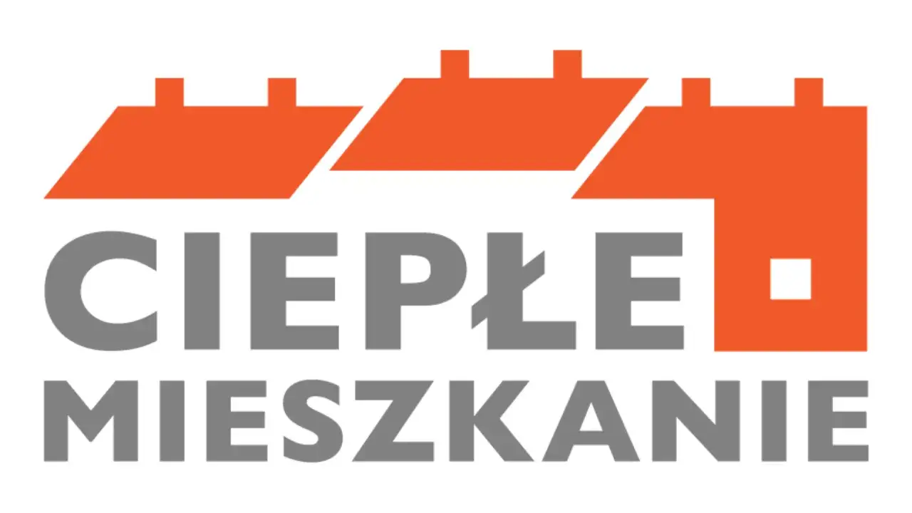 Logo programu "Ciepłe Mieszkanie" z pomarańczowymi dachami i szarym napisem.