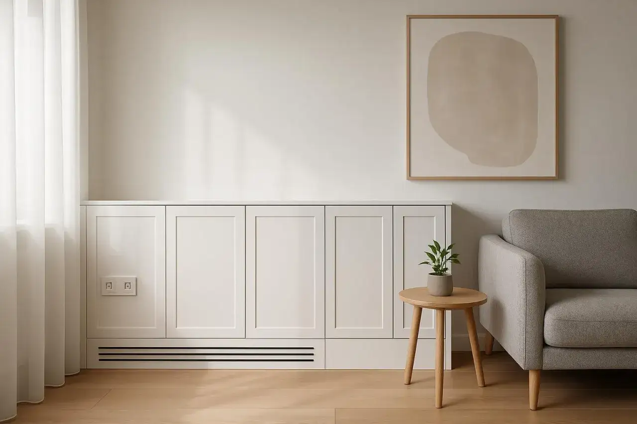 Elegancka zabudowa kryje grzejnik, pokazując, jak ukryć rury w domu. Minimalistyczny salon z sofą i obrazem.