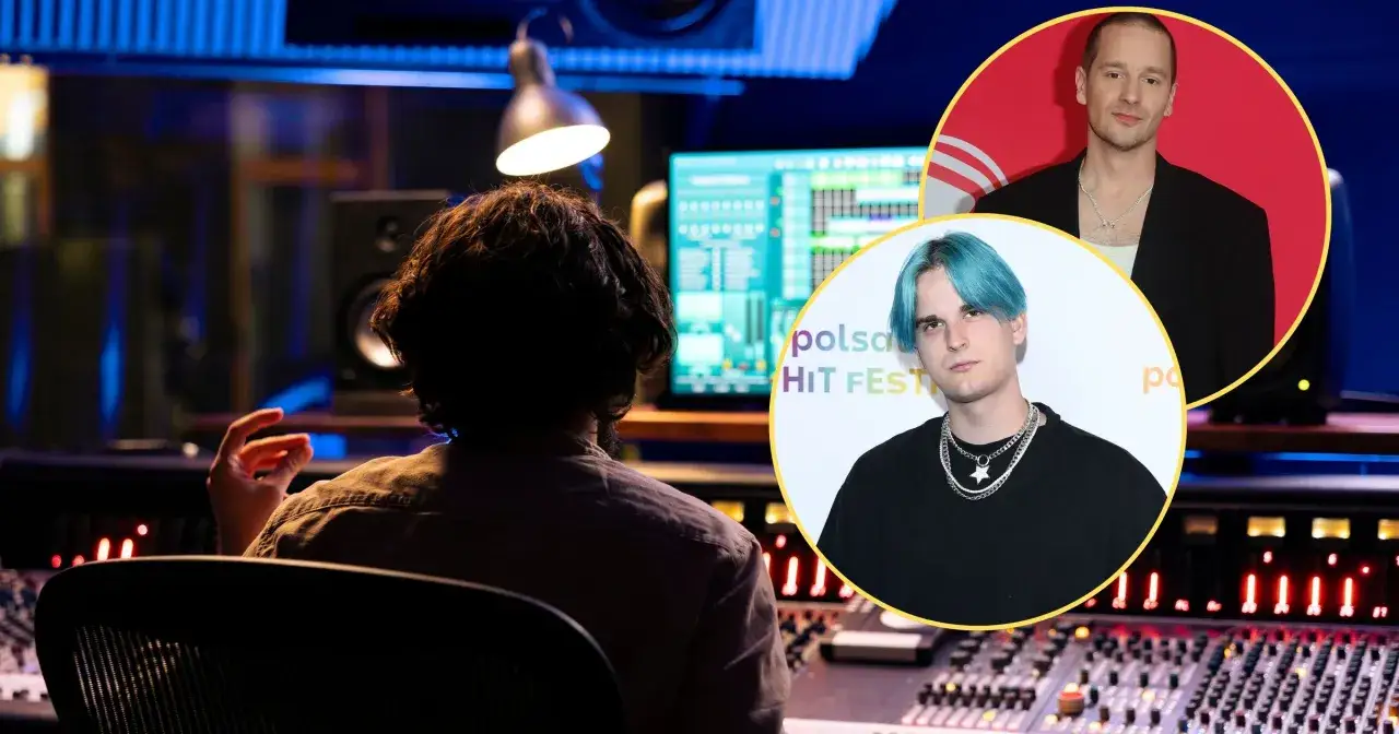 Kto śpiewa "Dzięki że jesteś"? W studio nagraniowym widać producenta i wokalistów: jednego z niebieskimi włosami, drugiego w garniturze.