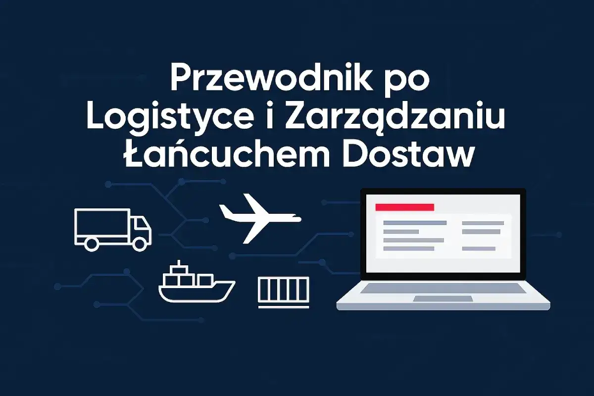 Grafika przedstawia ikonki ciężarówki, samolotu, statku, kontenera i laptopa, symbolizujące spedycję i logistykę.