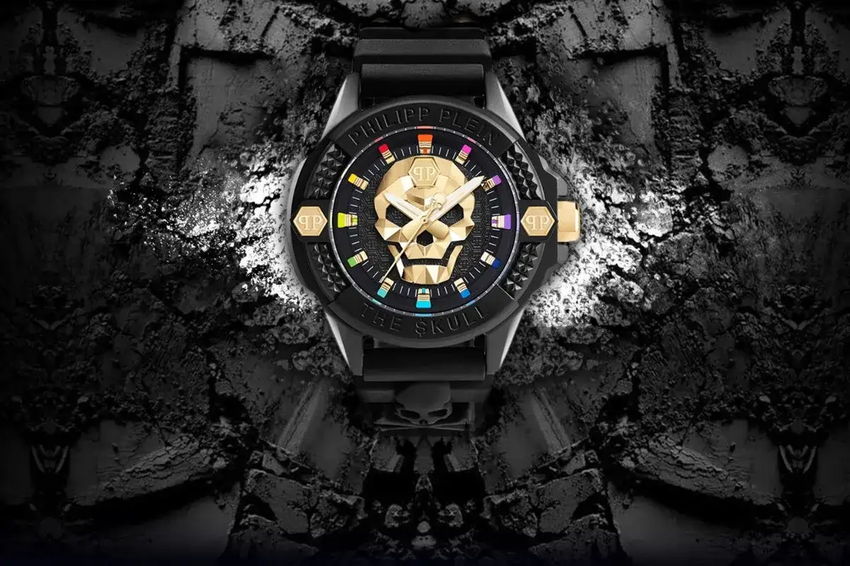 Złoty zegarek Philipp Plein "The Skull" z czaszką i tęczowymi indeksami. Jak rozpoznać oryginał? Detale i jakość wykonania.