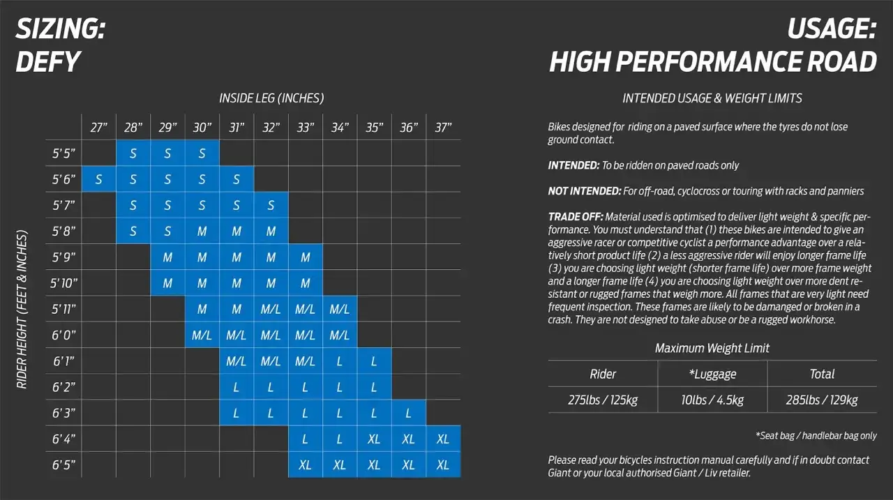 Tabela rozmiarów rowerów Giant Defy. Wybierz swój rozmiar ramy, uwzględniając wzrost i długość nogi.