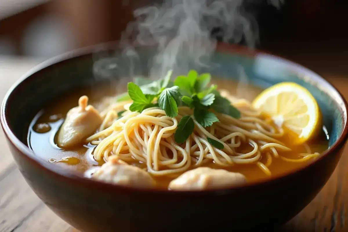 Parujący talerz rosołu z makaronem, kawałkiem cytryny i zieloną natką. Zastanawiasz się, ile kalorii ma talerz rosołu z makaronem?