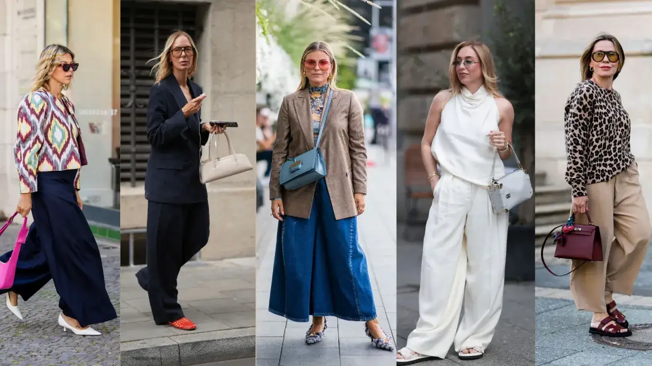 Pięć kobiet prezentuje modne spodnie slouchy stylizacje: od eleganckich garniturów po luźne, szerokie nogawki.