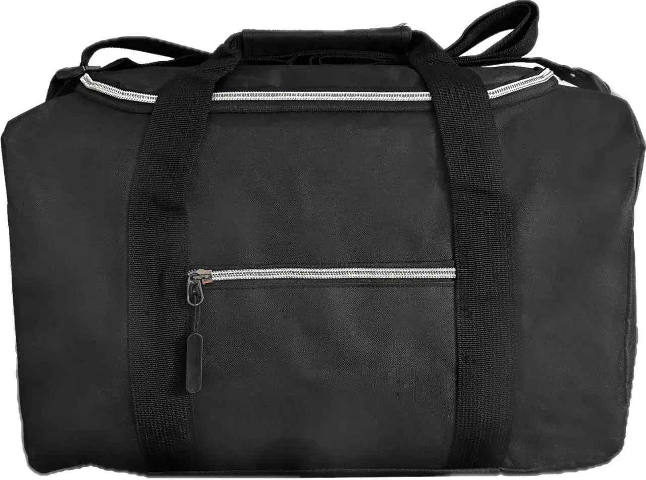 Czarna torba podróżna z uchwytami i zamkami błyskawicznymi.