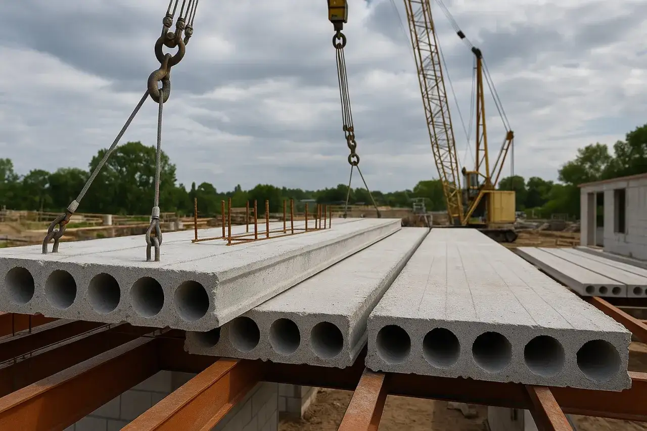 Dźwig podnosi strop z płyt żerańskich na budowie. W tle widać inne płyty i konstrukcje.