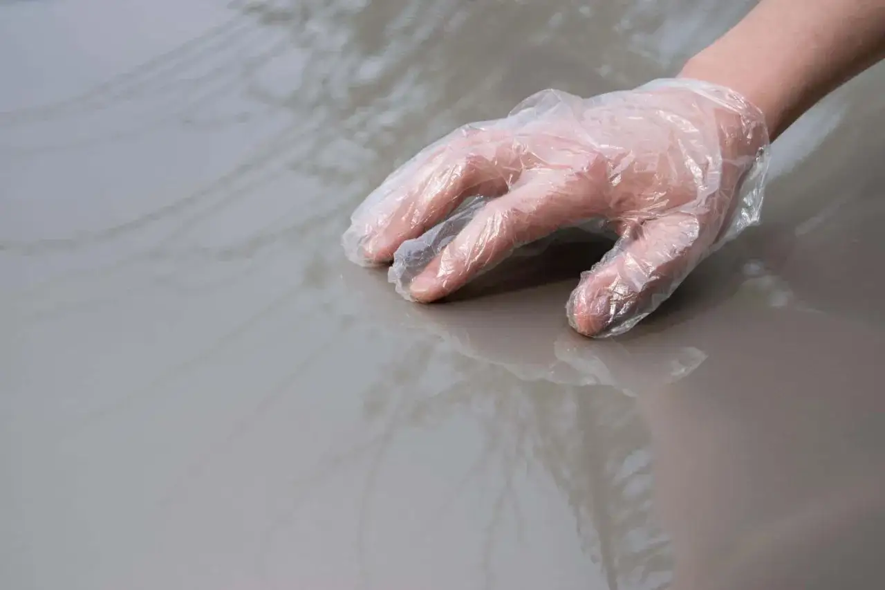 Dłoń w rękawiczce ochronnej dotyka lśniącego, szarego lakieru samochodowego.
