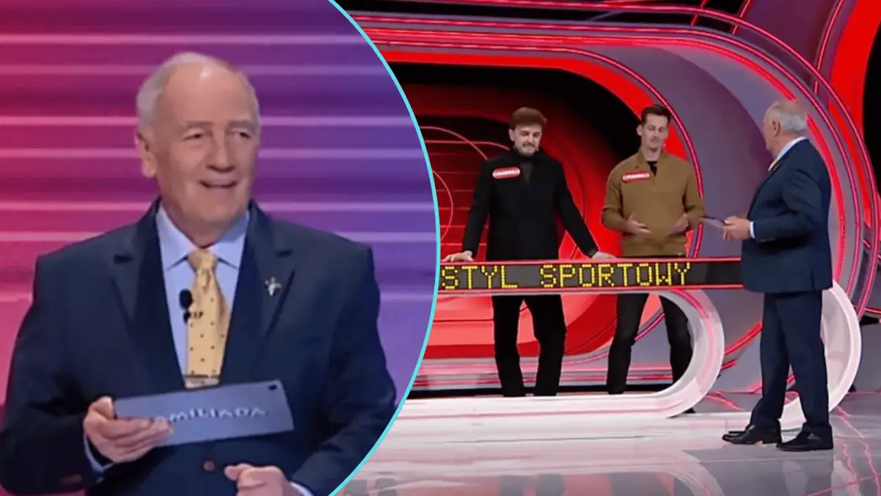 Prowadzący Familiady pyta uczestników, co mówimy, gdy czegoś nie usłyszymy. Na ekranie widać też napis "STYL SPORTOWY".