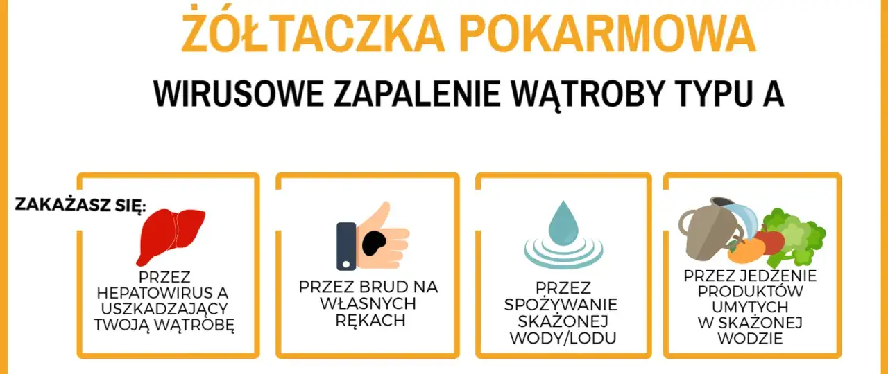 Wirusowe zapalenie wątroby typu A (żółtaczka pokarmowa) przenosi się przez brudne ręce, skażoną wodę/lód i żywność umytą w skażonej wodzie.
