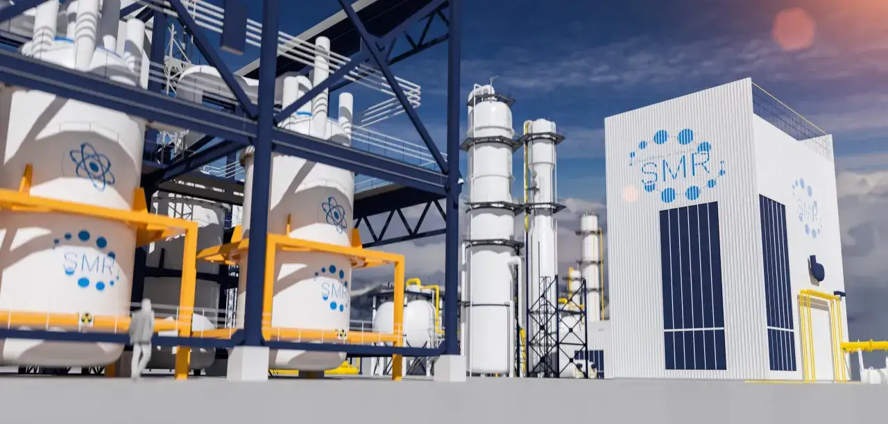 Nowoczesna elektrownia SMR w Polsce. Widok na reaktory i budynek z logo atomu.