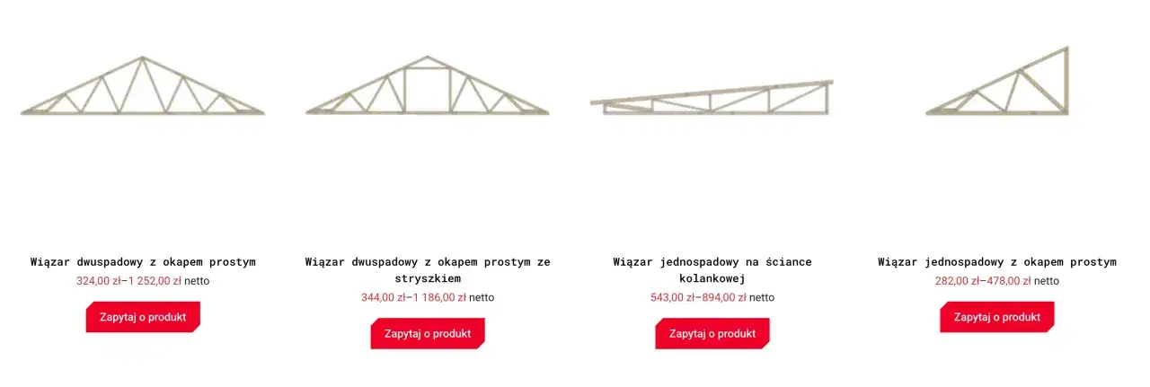 Różne rodzaje wiązarów dachowych: dwuspadowe i jednospadowe, z okapem lub na ściance kolankowej.